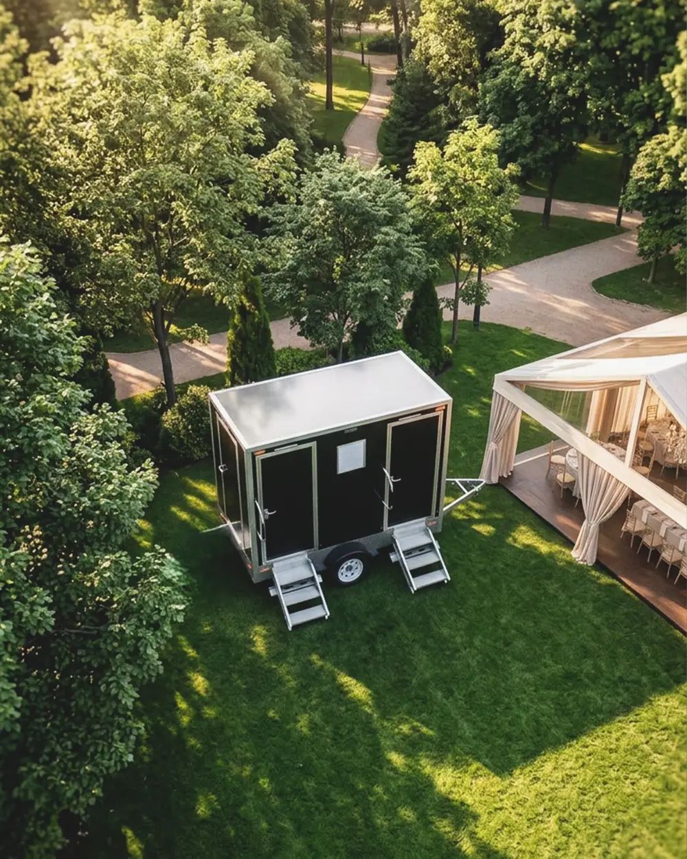 Restroom trailer parked on a lawn beside a wedding tent